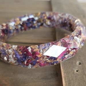Mixed Flower Silver Gold Flake Resin Bangle- Real Gold Flake Jewelry- Resin Brac